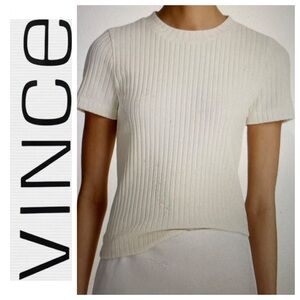 Vince Ribbed Cotton Elbow-Sleeve T-Shirt Top